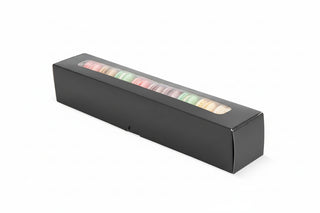 Cutii Negre cu Fereastră pentru Macarons – 15x5x5 cm – Suport PET Inclus – Set 50 buc