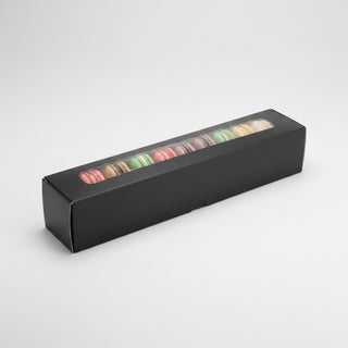 Cutii Negre cu Fereastră pentru Macarons – 15x5x5 cm – Suport PET Inclus – Set 50 buc