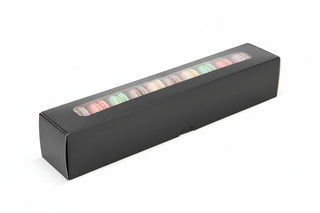 Cutii Negre cu Fereastră pentru Macarons – 28x5x5 cm – Suport PET Inclus – Set 50 buc