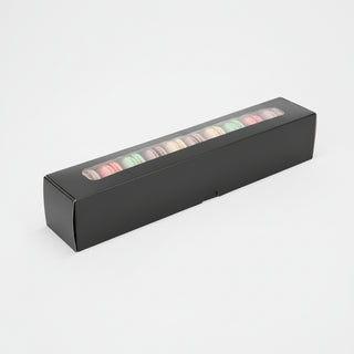 Cutii Negre cu Fereastră pentru Macarons – 28x5x5 cm – Suport PET Inclus – Set 50 buc