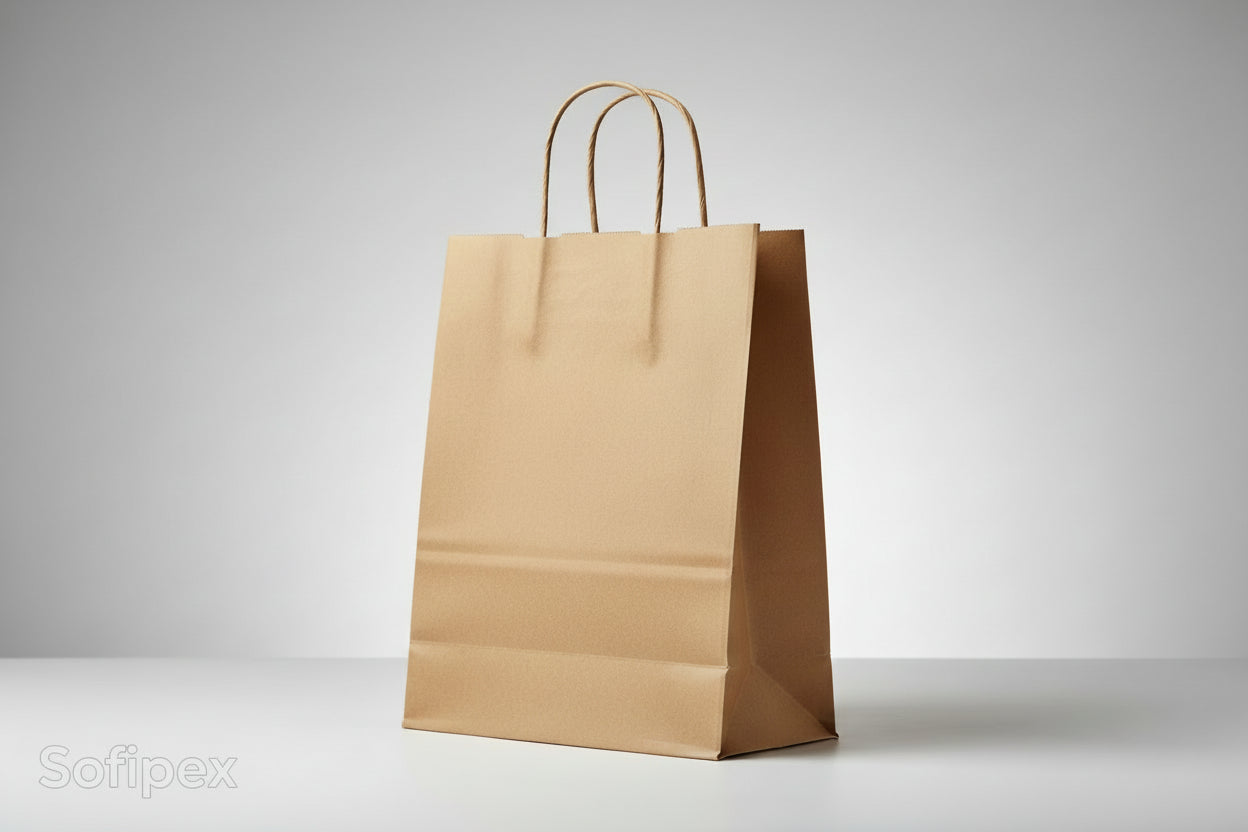 Sacoșe Hârtie Mâner Răsucit – Producție Proprie – 230 x 90 x 300 mm – 50 buc/bax