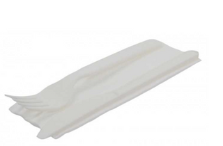 Set tacamuri din CPLA ambalate in PLA, albe, BIS, cutit + furculita + servetel, 50 buc/set