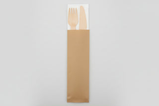 Set 100 tacâmuri ECO Lemn, BIS (Cuțit + Furculiță + Șervețel), Ambalate Individual în Folie