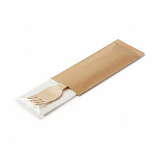 Set 100 tacâmuri ECO Lemn (Furculiță + Șervețel), Biodegradabile, Ambalate Individual