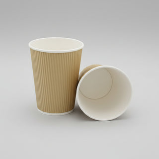 Set 25 pahare carton RIPPLED Natur, 12 OZ (350cc), D90, Perete triplu termo-izolant