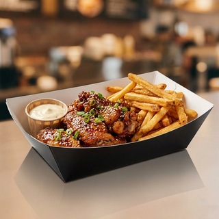 Set 250 bărcuțe negre din carton, 300 cc, 16x12x4 cm, design elegant (Street-Food & Catering)