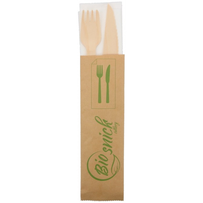 Set tacamuri din lemn ECO ambalate, BIS cutit + furculita + servetel, Pachet: 240 x 65 mm /50 5/BX